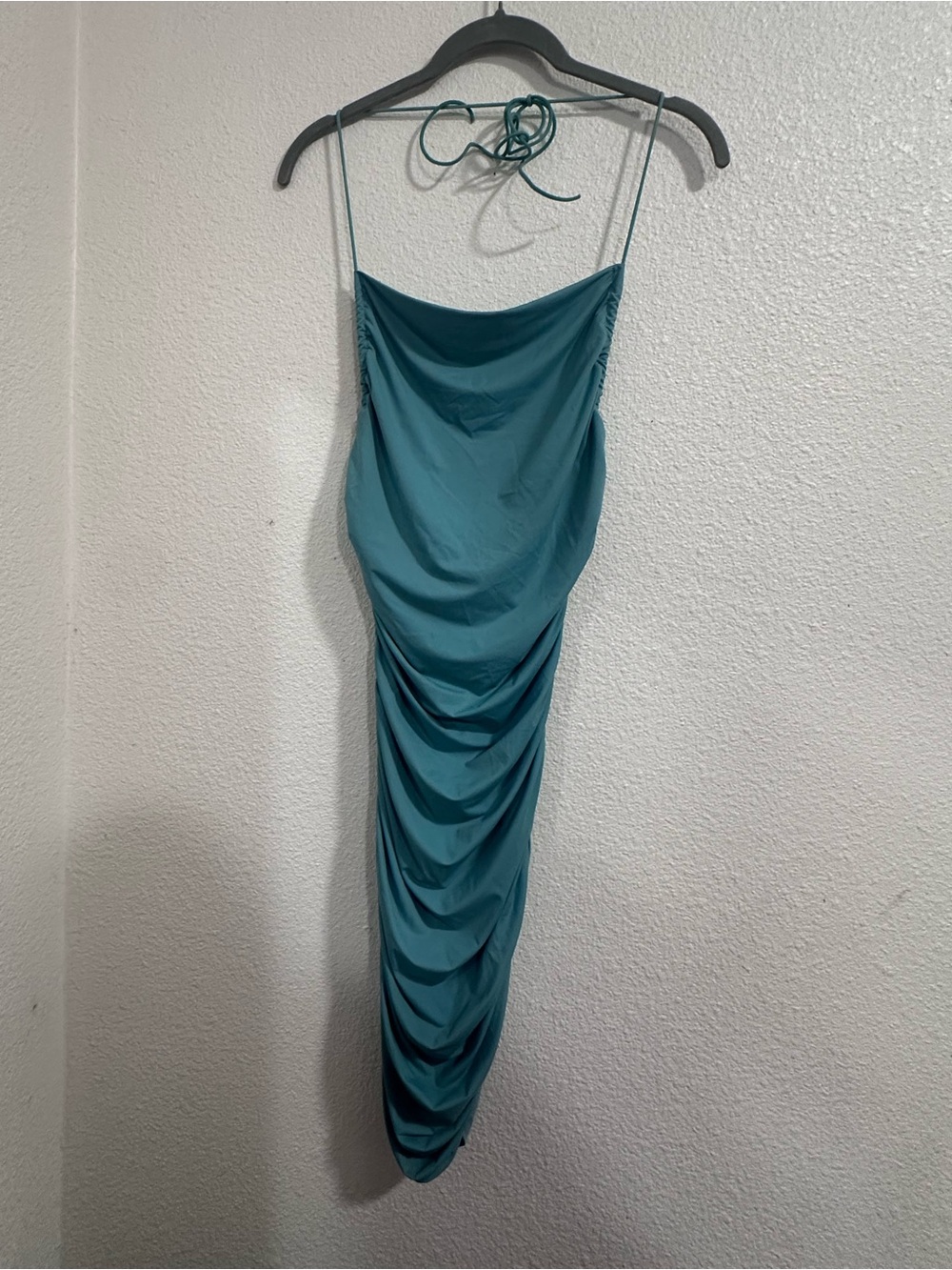 Better Be Teal Ruched Cowl Midi Dress